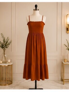 Rust Orange Smocked Bodice MIDI/Maxi Dress